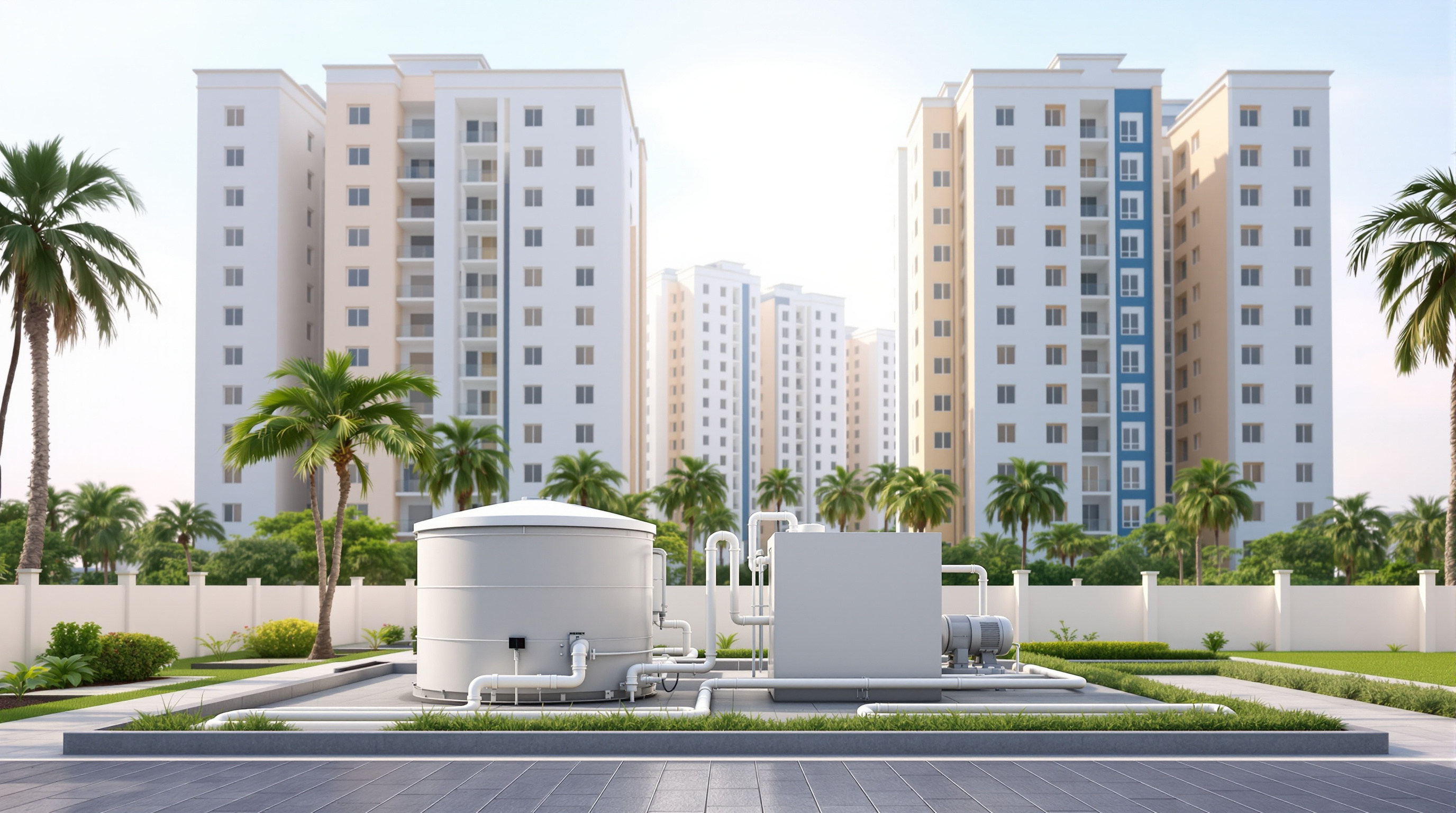 A compact packaged sewage treatment plant beside a multi-storey residential apartment complex in coastal Andhra Pradesh