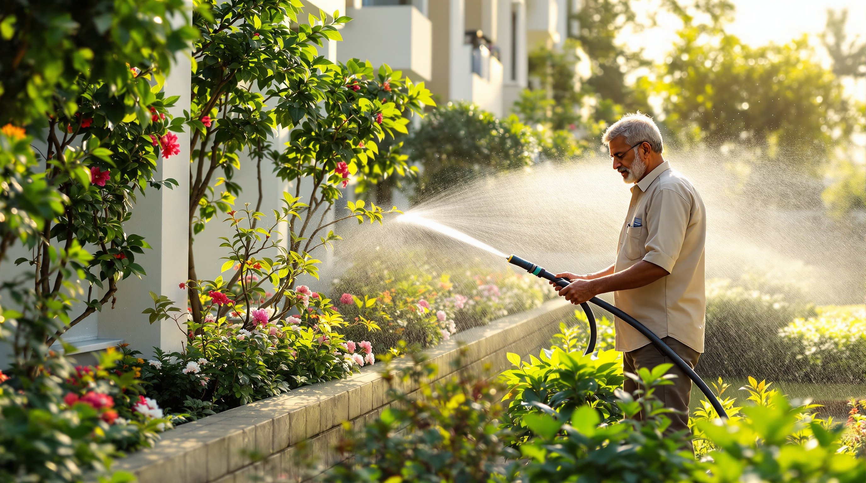 An Indian gardener using treated water from a purple dual-piping line to irrigate landscaped gardens at an apartment complex
