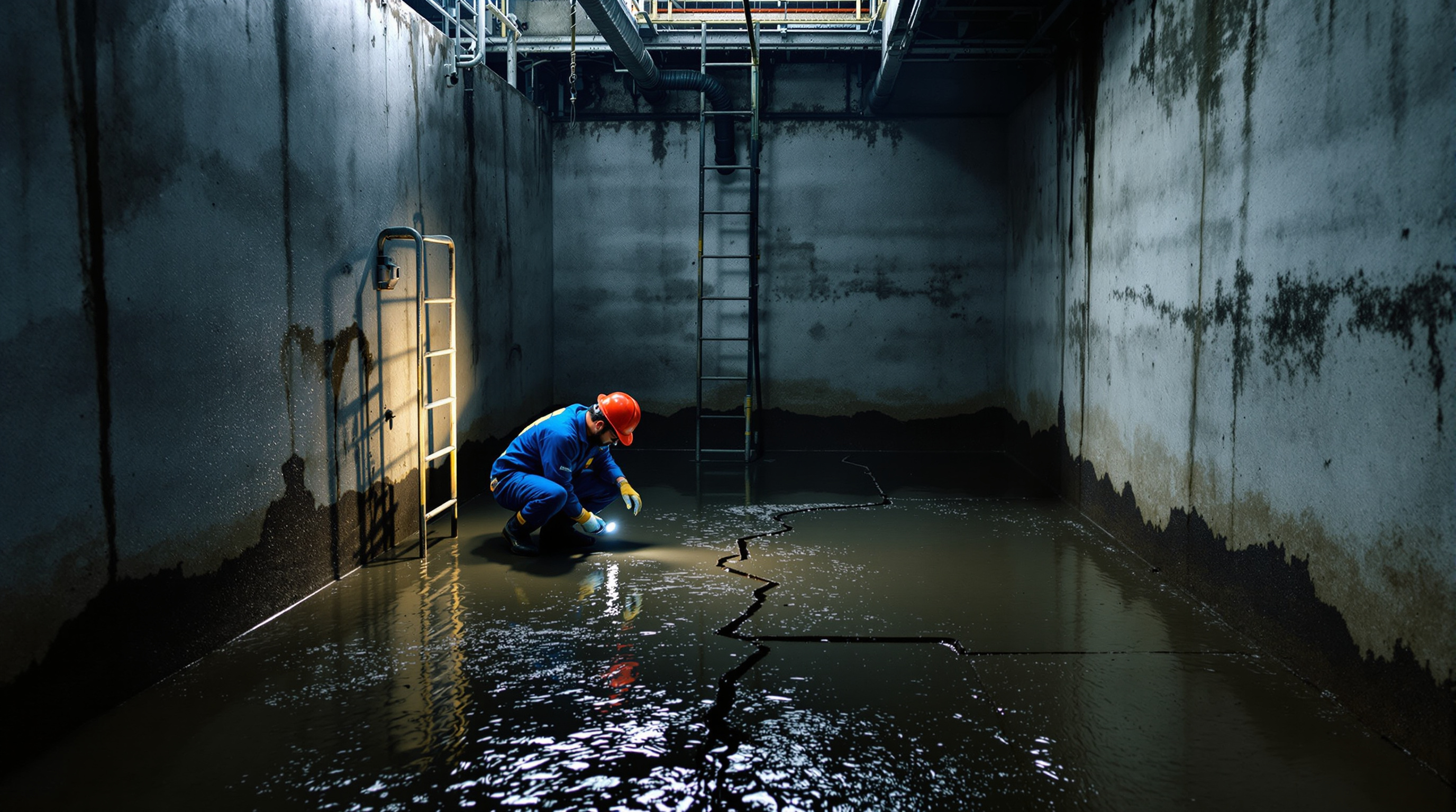 Indian STP operator standing inside a fully drained concrete sewage tank inspecting the floor and walls during an annual overhaul