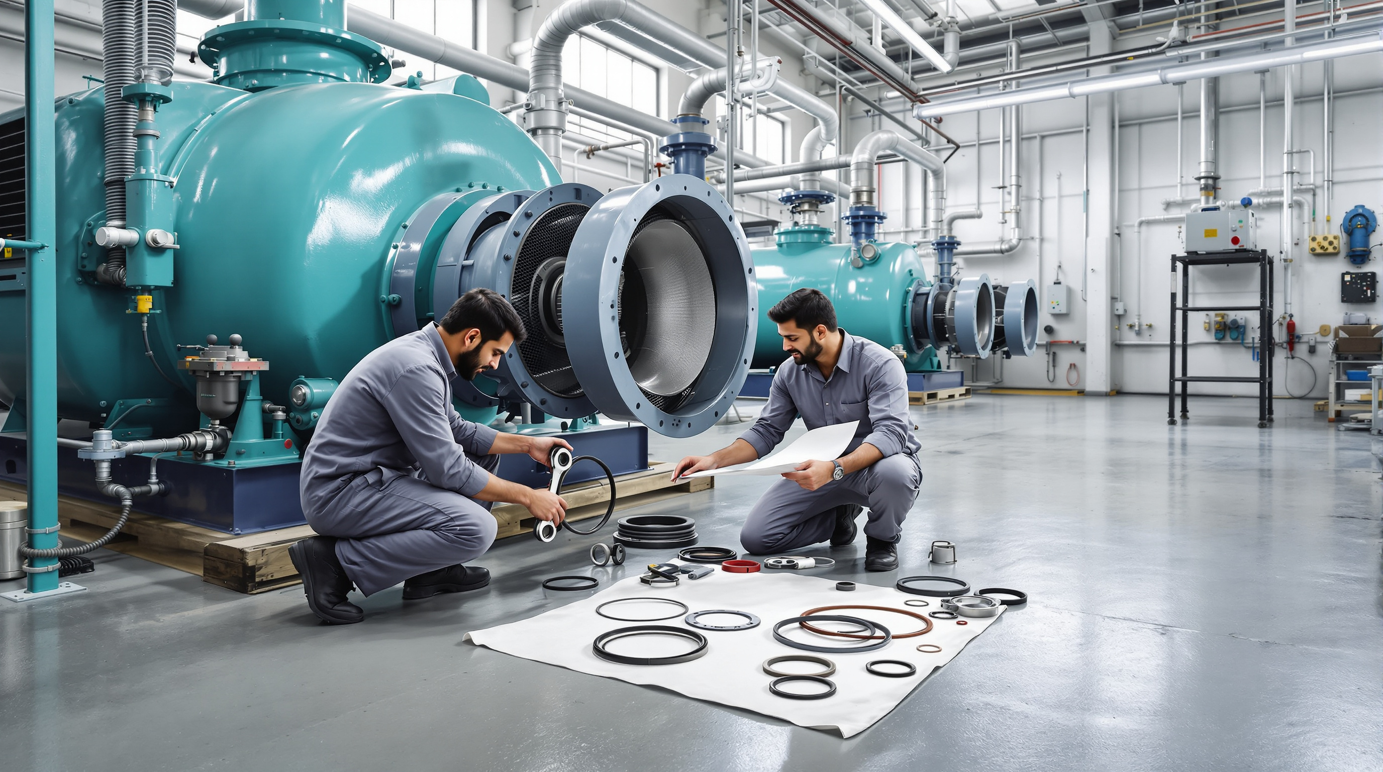 Two Indian technicians overhauling an air blower and pump in a clean STP plant room, with tools and replacement parts laid out