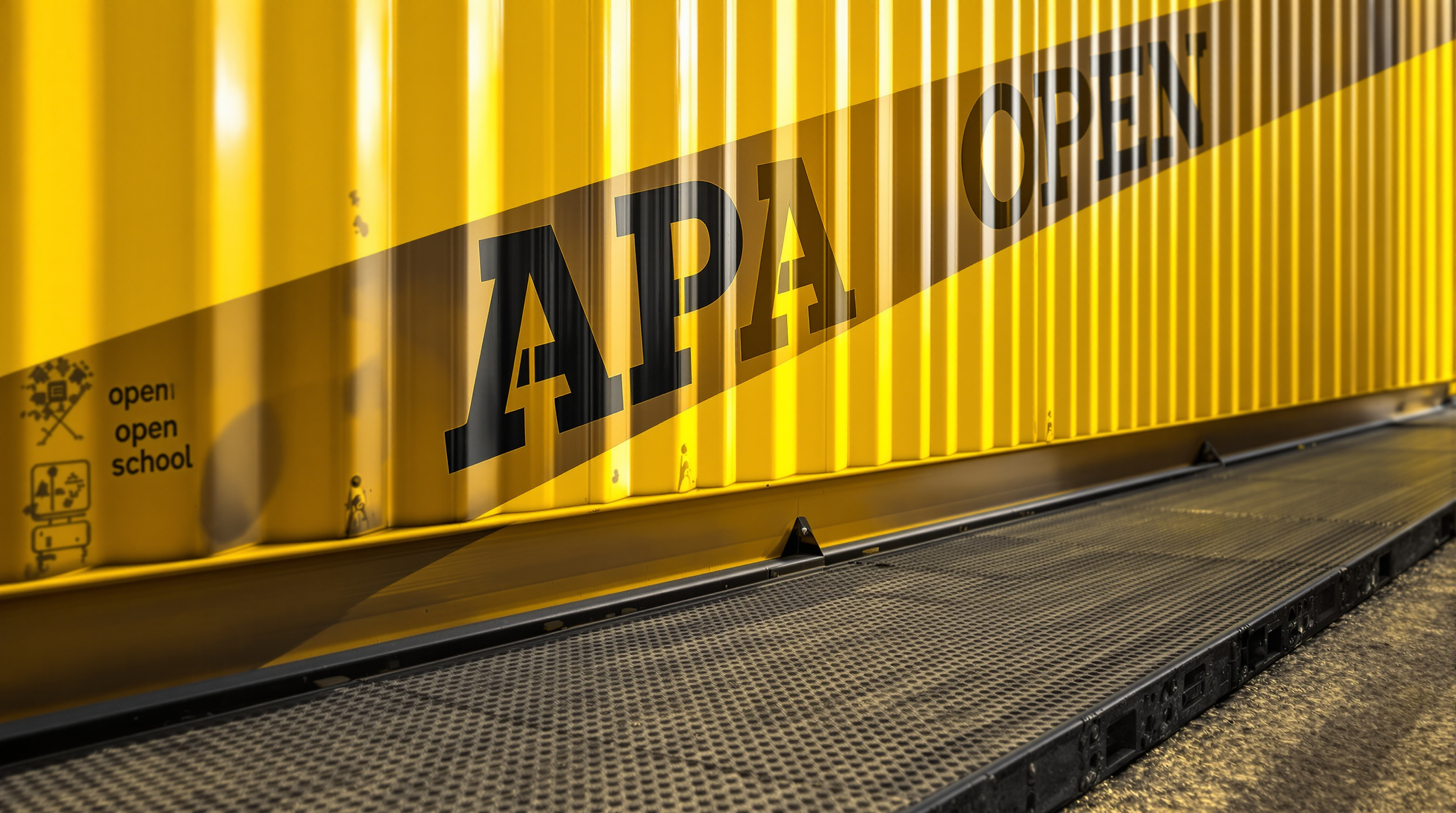 Detail of the APAP OpenSchool showing the corrugated steel skin of the shipping containers, the diagonal cut lines where two containers meet, painted bright industrial yellow with black stencilled lettering and a black steel-plate deck underfoot