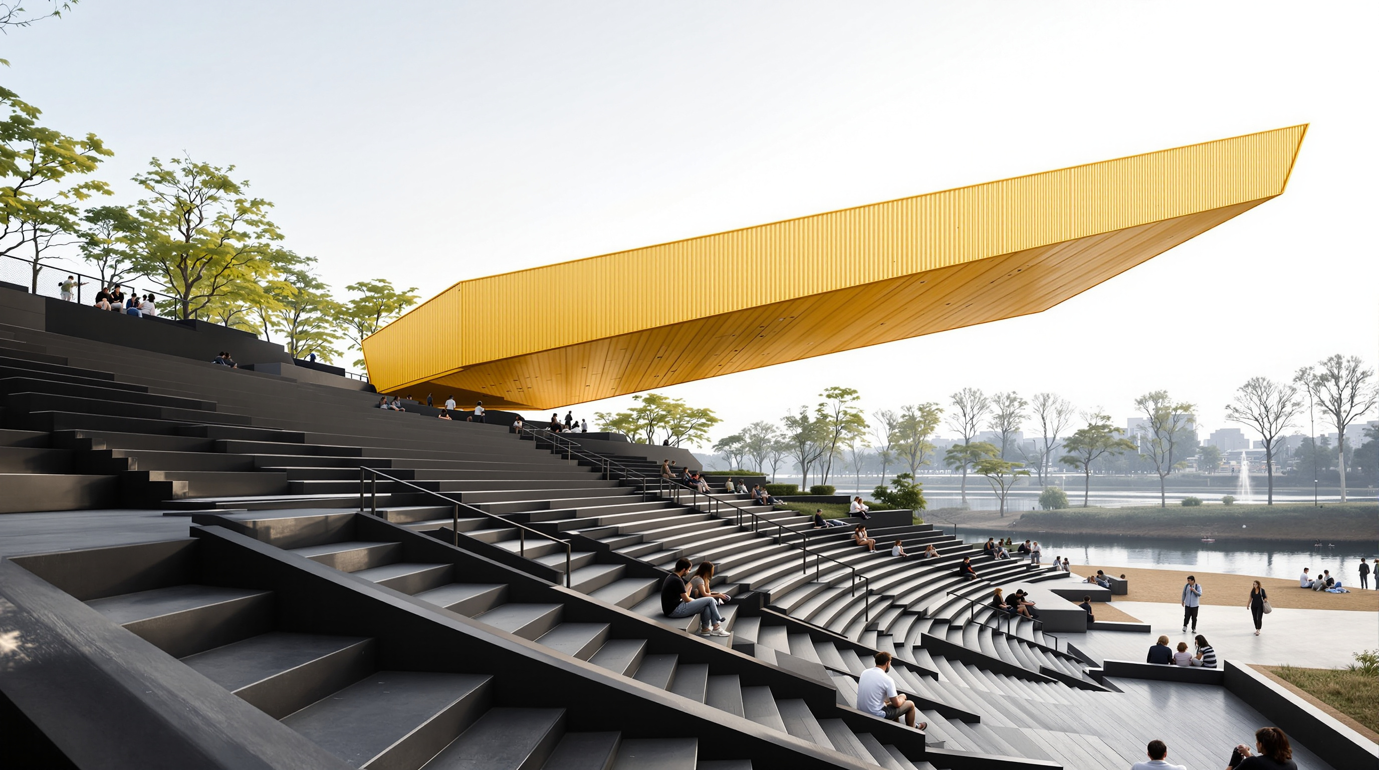 The public amphitheatre beneath the APAP OpenSchool, black steel steps descending under the sloped yellow underside of the cantilevered containers, park visitors sitting on the tiers with the river and trees of Anyang beyond