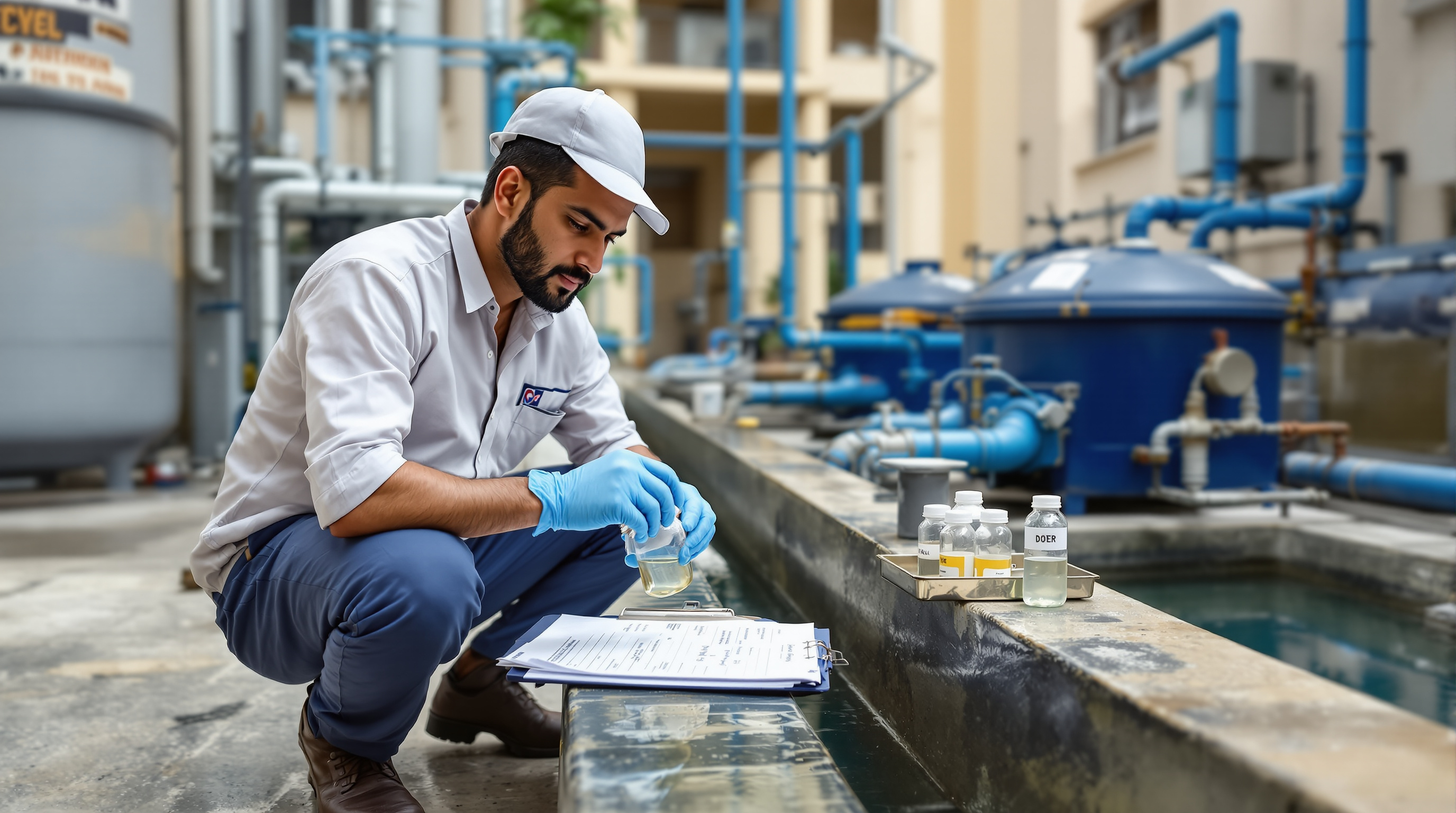 An Indian STP operator drawing a treated-water sample into a glass bottle at the plant's outlet point, with an open logbook on a clipboard beside him