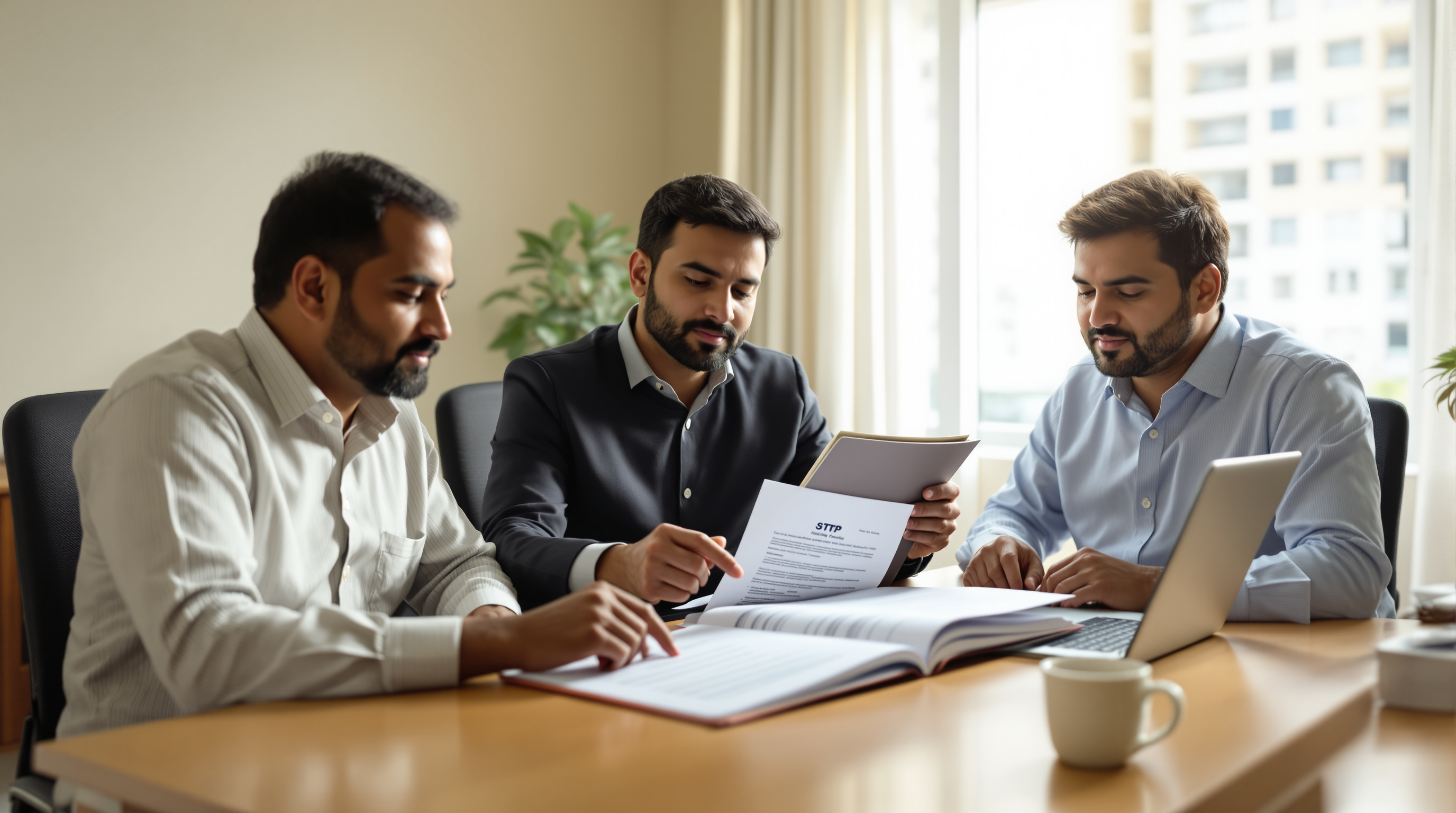 Indian apartment managing-committee members seated around a table reviewing compliance documents and a folder of certificates