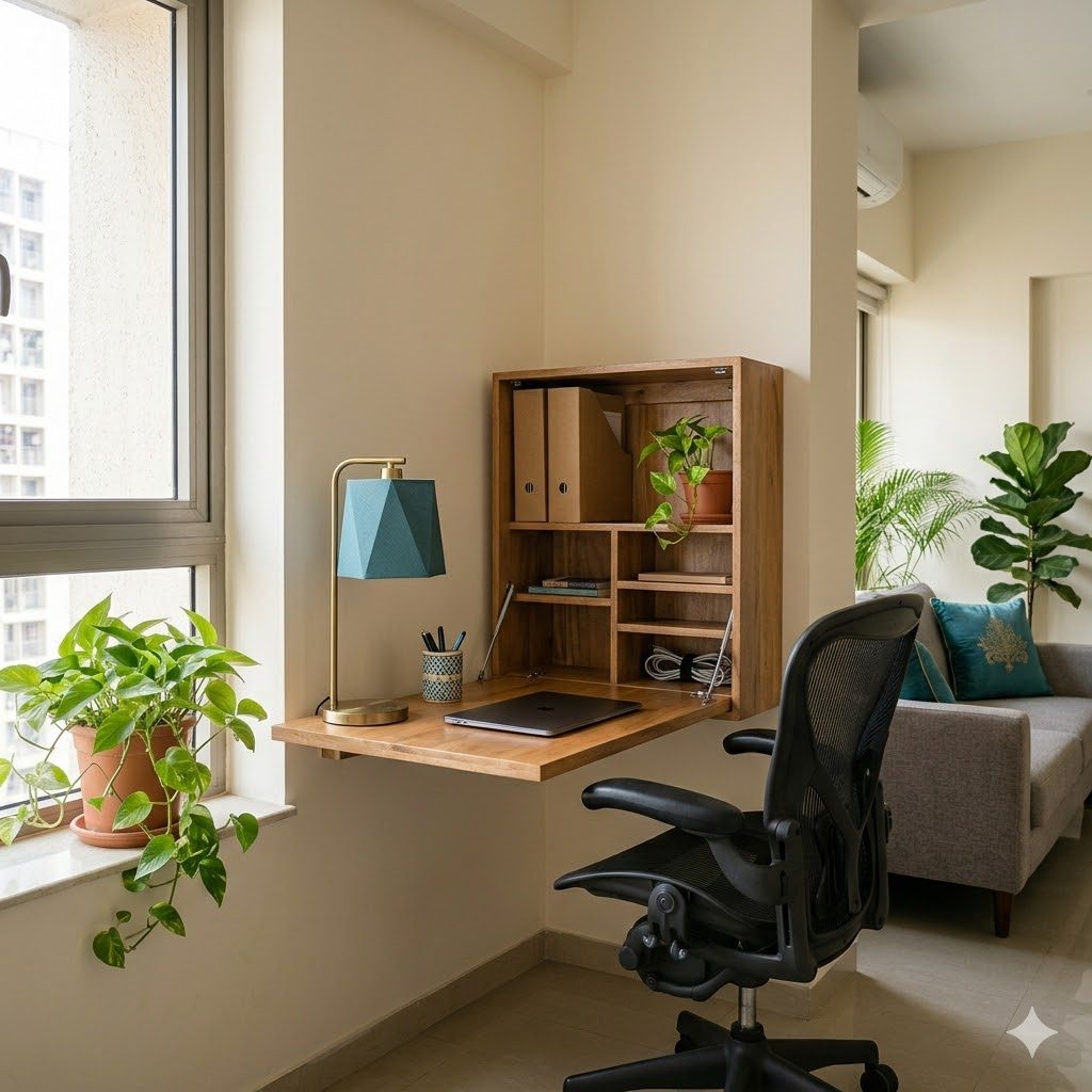 A foldaway cabinet desk in a small Indian flat shown open — a wall cabinet whose door folds down into a work surface holding a laptop and a small lamp, shelves and pigeonholes inside for documents, an ergonomic chair pulled up, ready to close neatly after work hours