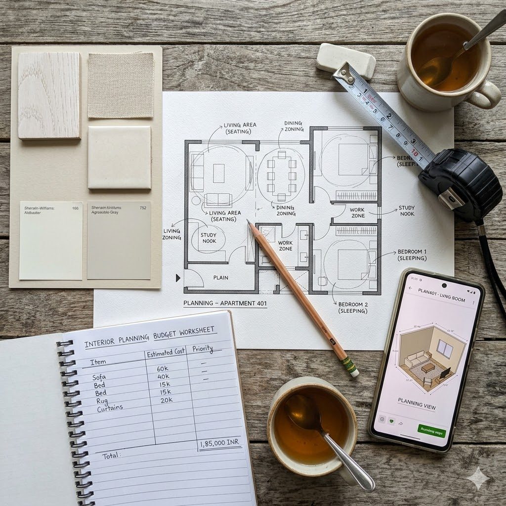 A homeowner planning an apartment interior on a table — a printed floor plan with pencil zoning marks, a tape measure, a light-toned moodboard, and a budget worksheet