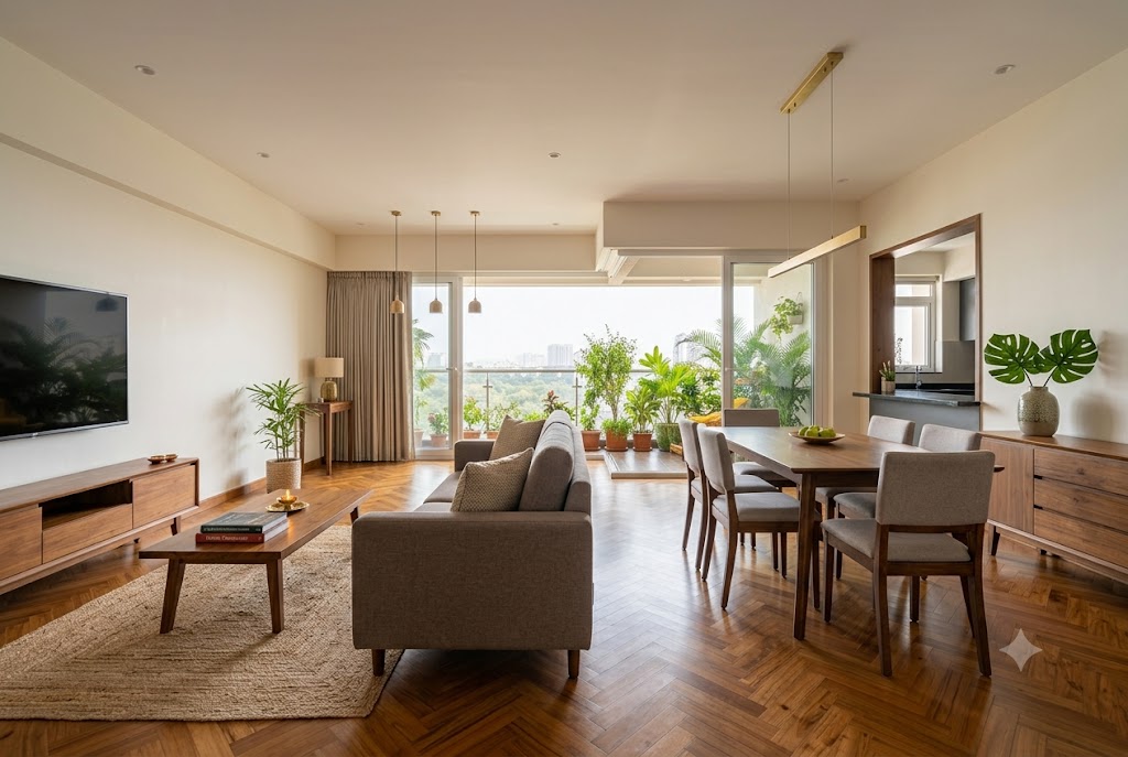 Living-dining transition zone in a 3 BHK Indian apartment showing a single open zone running from living to dining without partition with a low taupe three-seater fabric sofa in the left foreground with two cushions, a teak coffee table holding a stack of three books and a brass diya, a beige wool rug under the coffee table, a TV unit on the far left wall with a sixty-five inch wall-mounted TV and a teak storage console below, a four-seater dining table on the right with light-grey upholstered chairs under a single linear brass pendant light at fifteen hundred millimetre drop, a sideboard against the right wall holding a vase of fresh foliage, warm parquet flooring in a herringbone pattern, soft late-morning side light from a balcony beyond on the right, and a glimpse of the kitchen passthrough on the far right