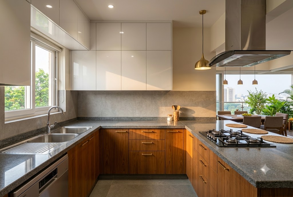 Interior photograph of a modular kitchen in a 2 BHK Indian apartment in L-shape configuration showing white acrylic high-gloss upper cabinets running along the back wall above a thirty millimetre grey granite countertop, lower base cabinets in Burma teak veneer with brushed brass T-pulls, a four-burner gas hob on the right with a stainless-steel pyramid chimney above, a stainless-steel under-counter double-bowl sink on the left with a mixer tap, an integrated dishwasher visible at the far left, a cooker hood, a single brass pendant light hanging above the cook area, and a glimpse of the dining table beyond through the open passthrough on the right under warm morning daylight from a window above the sink