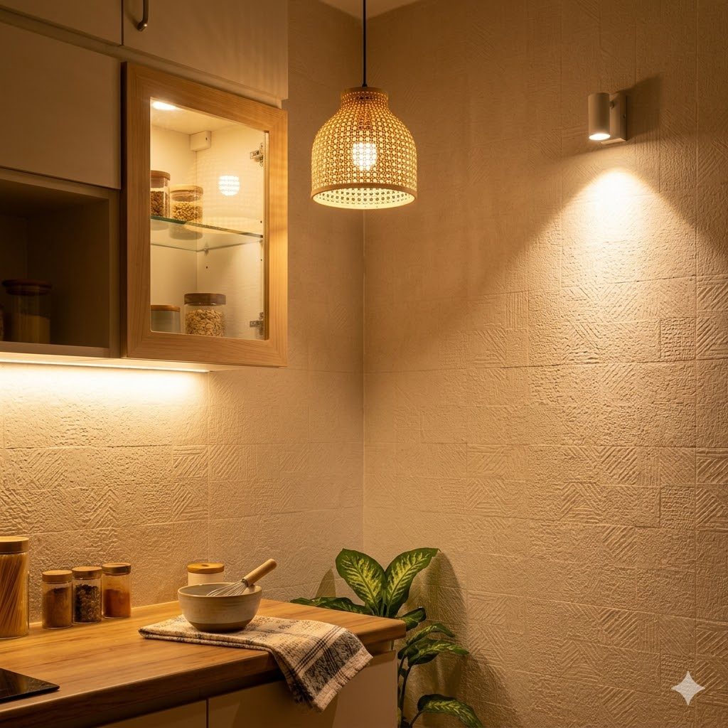 A layered lighting corner in a flat — under-cabinet task light over a counter, a warm pendant above, and a wall accent grazing a textured wall