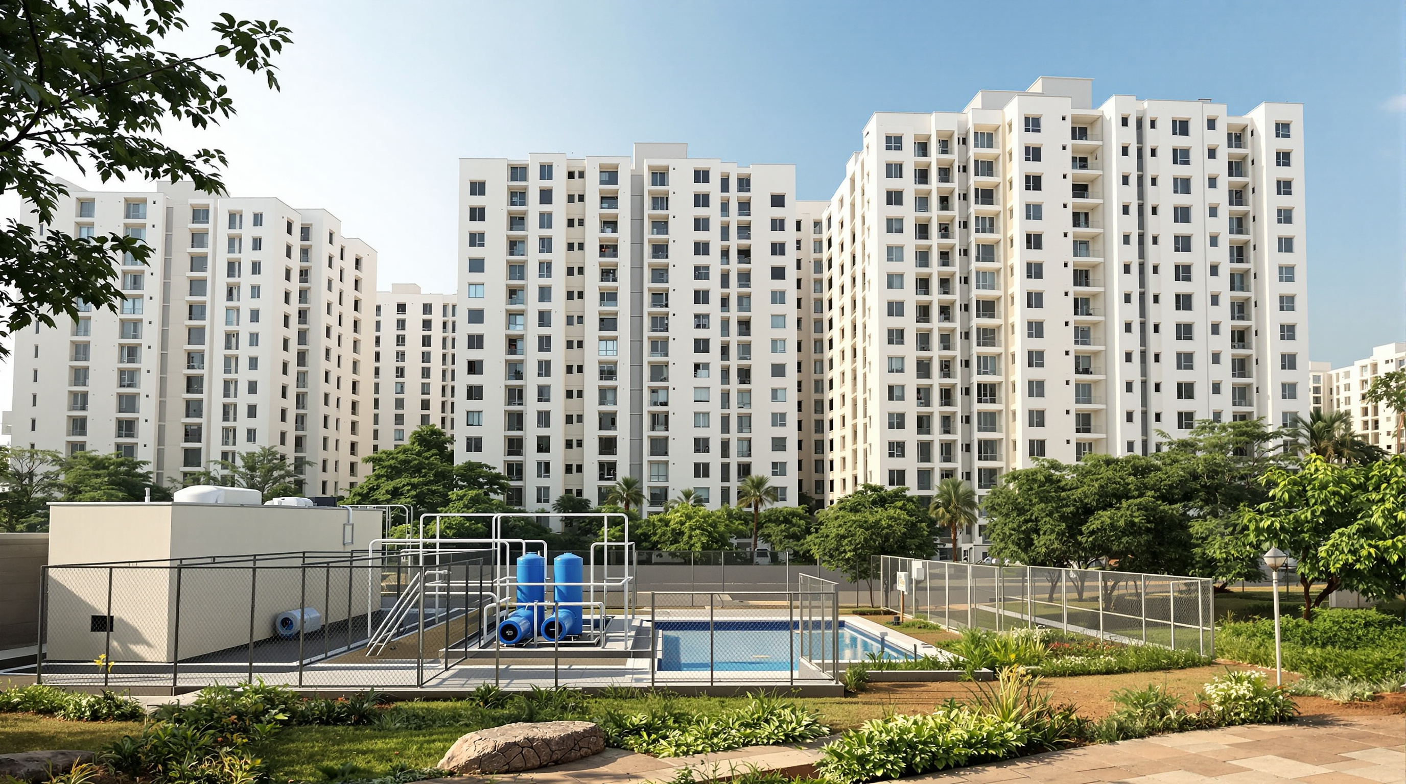 A modern multi-tower residential apartment complex in India with a compact sewage treatment plant enclosure in the landscaped grounds