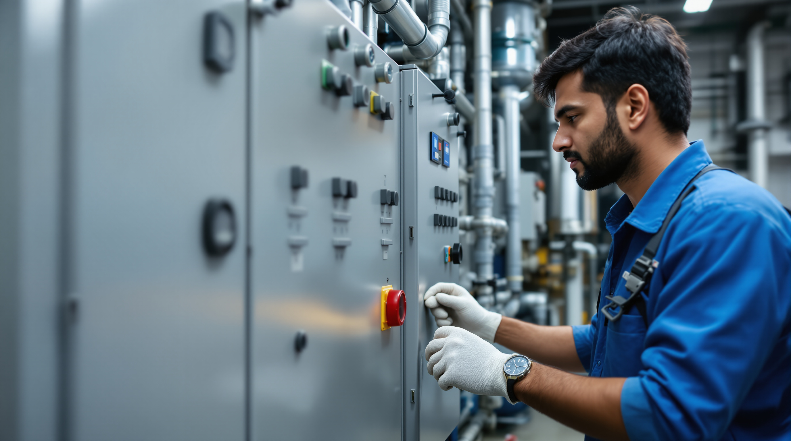 An Indian plant operator in overalls inspecting the blowers and control panel of an apartment sewage treatment plant