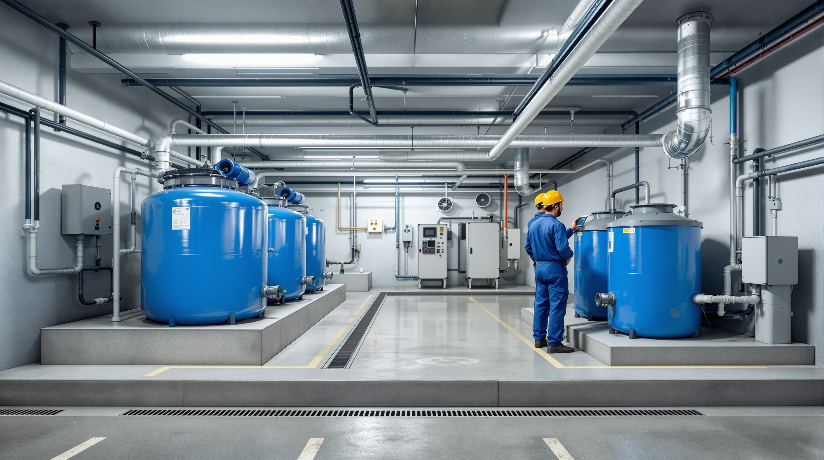 A compact packaged sewage treatment plant with aeration tanks and blowers installed in the ventilated basement parking level of an Indian apartment building