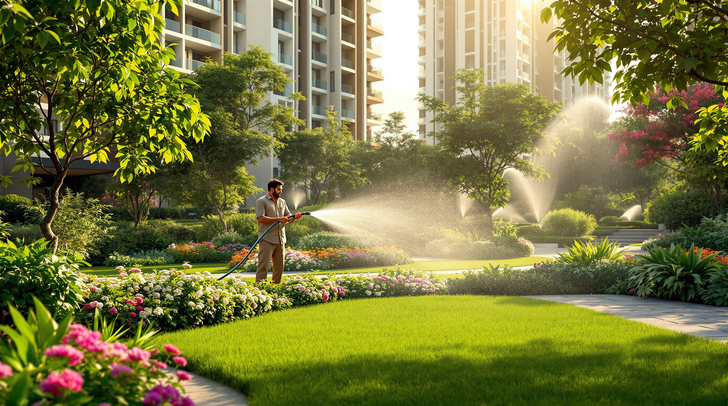 A gardener using treated recycled water from a hose to irrigate the landscaped lawns and shrubs of an Indian apartment complex