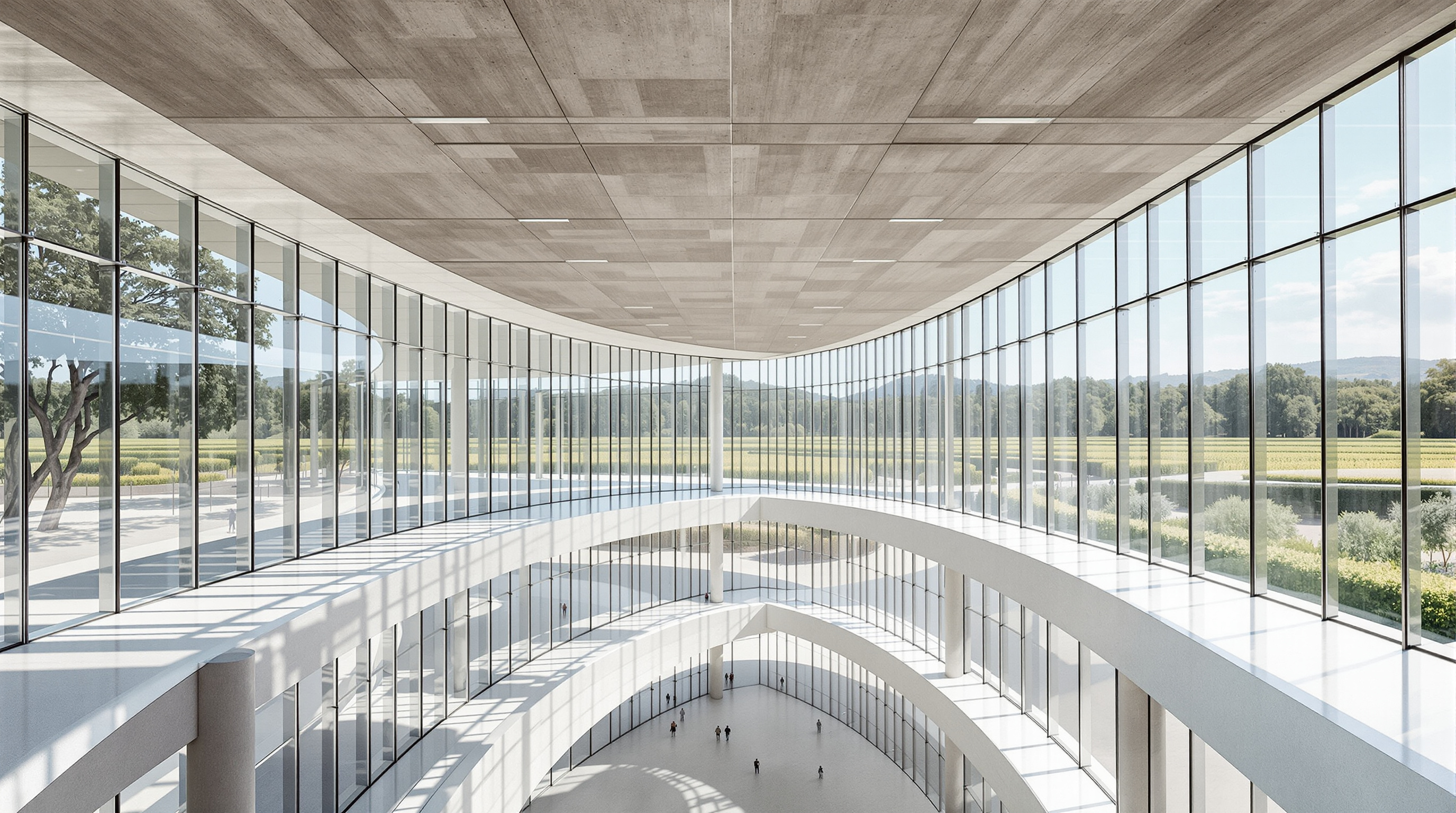The gently curving interior office floor of Apple Park seen along its length: a continuous four-storey glass ring with exposed honed-concrete ceilings, full-height curved glazing on both sides, and views out to trees on the left and the central courtyard orchard on the right