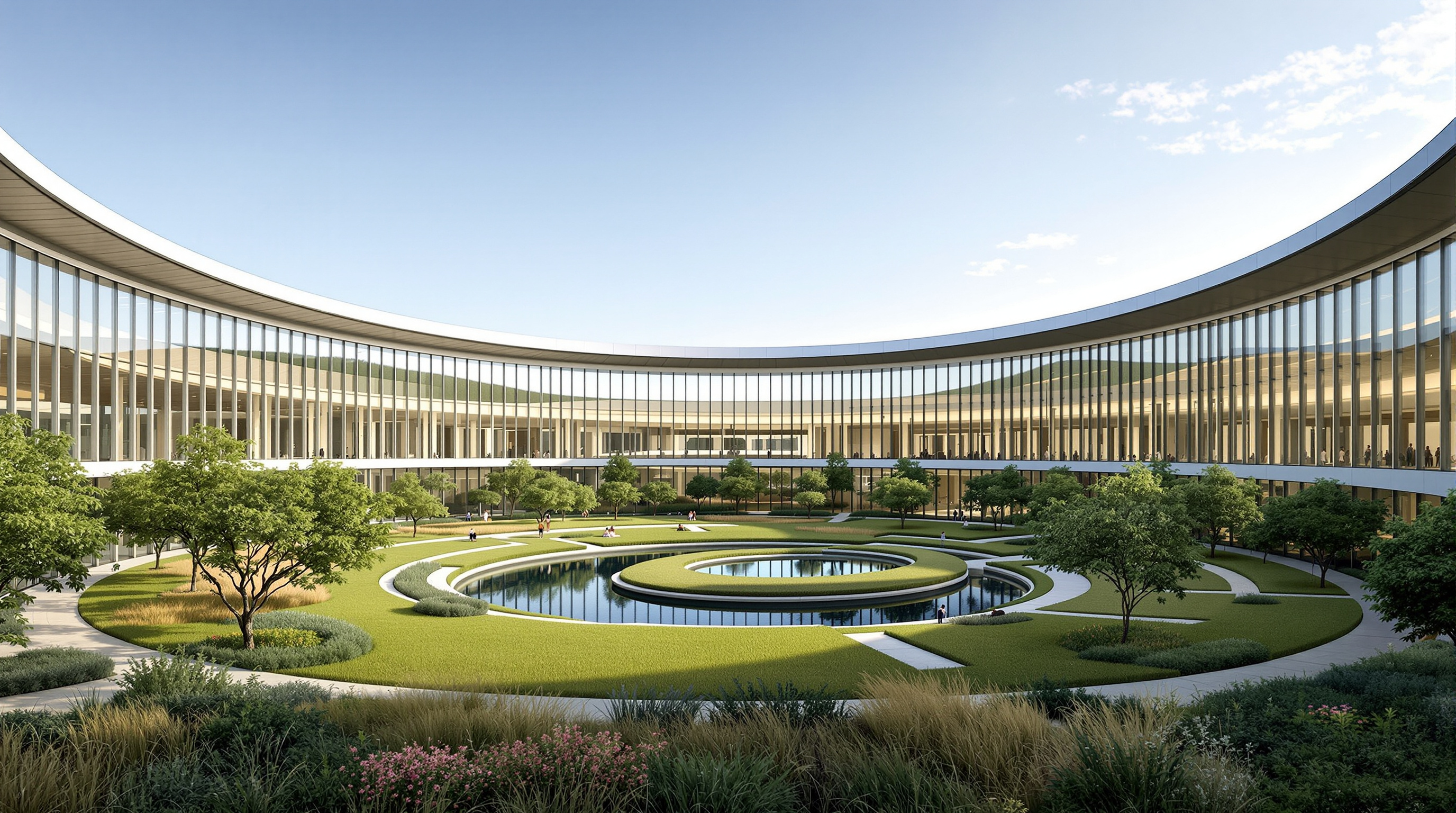 The central courtyard of Apple Park: a landscaped garden of oaks, fruit trees and meadow grasses enclosed by the continuous curving glass inner facade of the ring, with a circular reflecting pond and walking paths, the building forming a calm horizon around the greenery