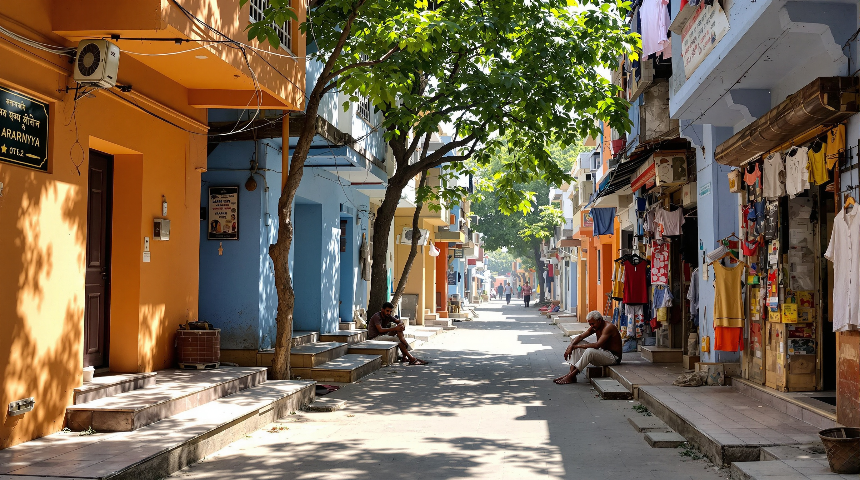 A shaded pedestrian street in Aranya, Indore, lined with two- and three-storey self-built houses in ochre, blue and lime-washed walls; a raised otla threshold where an elderly man sits, a tailor's shop open to the lane, laundry strung between parapets, a neem tree throwing dappled light on the paving