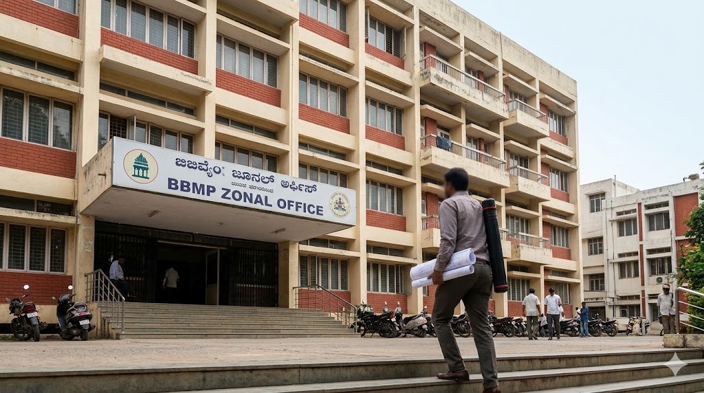 BBMP zonal office building with the architect's working drawing portfolio at the entrance — administrative context for the plan-sanction process