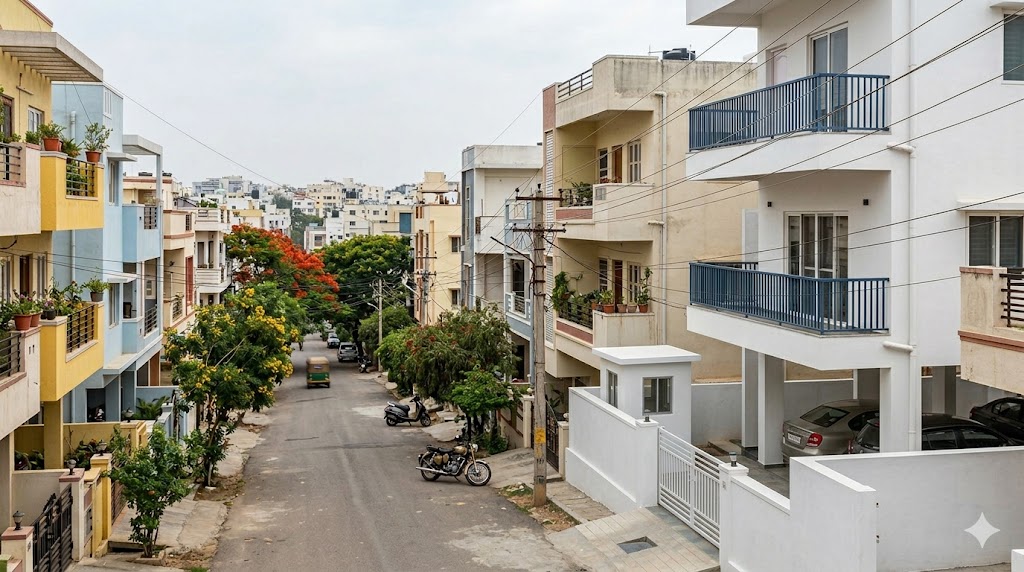 Bengaluru residential typology — a mid-rise apartment block on the left, individual ground+stilt+three-storey houses on the right, characteristic city skyline behind, mid-morning haze