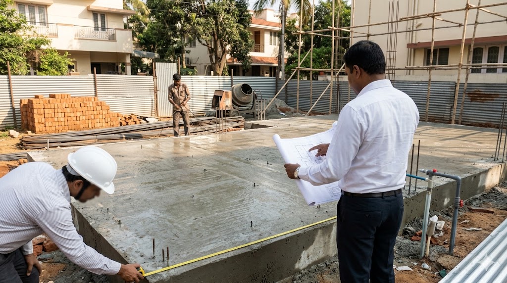 Construction site at the plinth-verification stage — architect with a measuring tape verifying setback dimensions, BBMP officer checking the sanctioned drawing, plinth slab visible