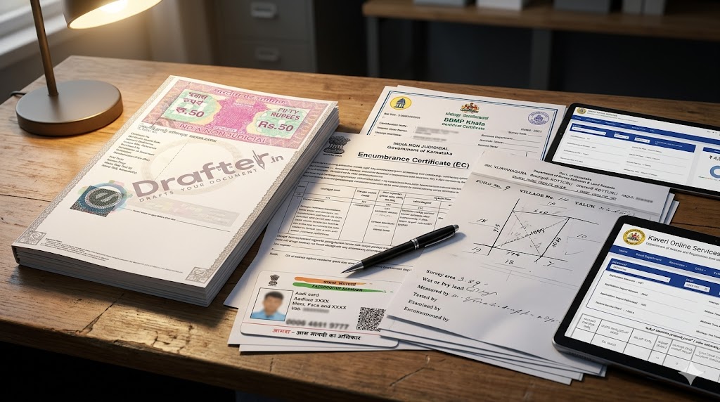 Document set on a desk — Khata extract, Encumbrance Certificate, sale deed photocopy, ID proofs, and a digital tablet showing the Kaveri online portal — the title-verification package