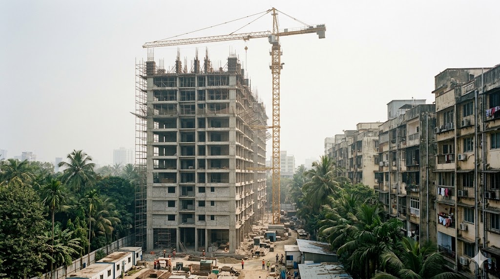 Mumbai high-rise residential construction site — tower under construction, crane visible, nearby existing residential context, hazy mid-day light