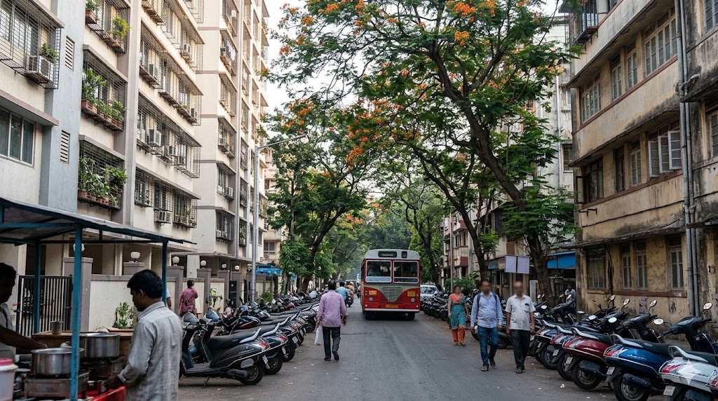Mumbai residential context — high-rise apartments rising behind mid-rise buildings on a tree-lined street, characteristic city haze, evening light