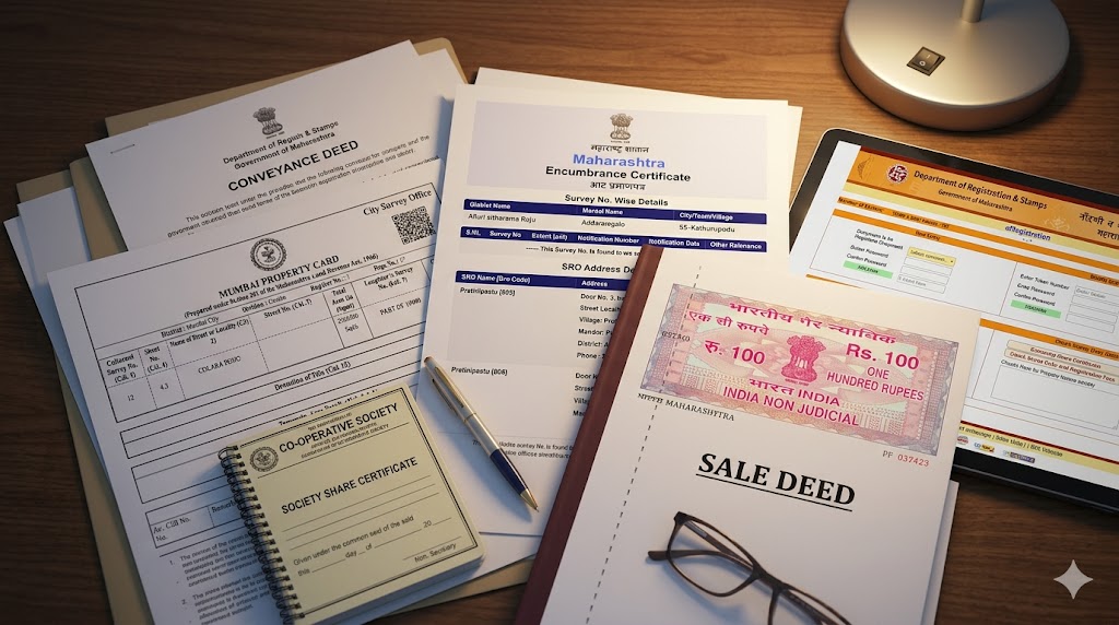 Mumbai residential title document set — Property Card, sale deed, conveyance deed, society share certificate, and a digital tablet showing the e-Sub-Registrar portal