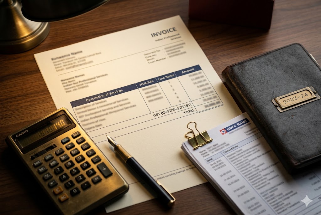 Organised desk for monthly GST and TDS filing — printouts, calculator, ledger, fountain pen