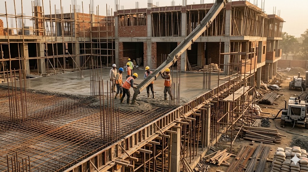 Slab pour in progress on an Indian construction site — milestone moment when a fee instalment falls due