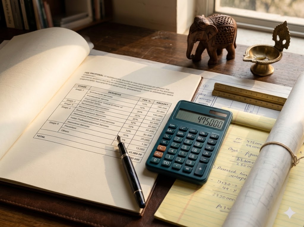 Fee proposal table being modelled on a calculator — yellow legal pad, rolled drawings, brass diya in corner