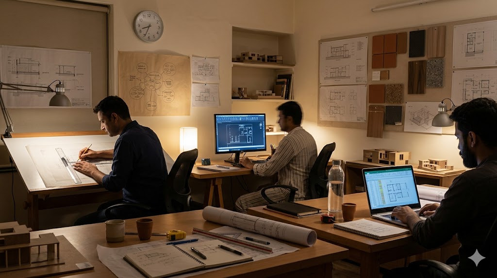 Indian architectural studio at late evening — pinned drawings, focused work at desks, billable hours