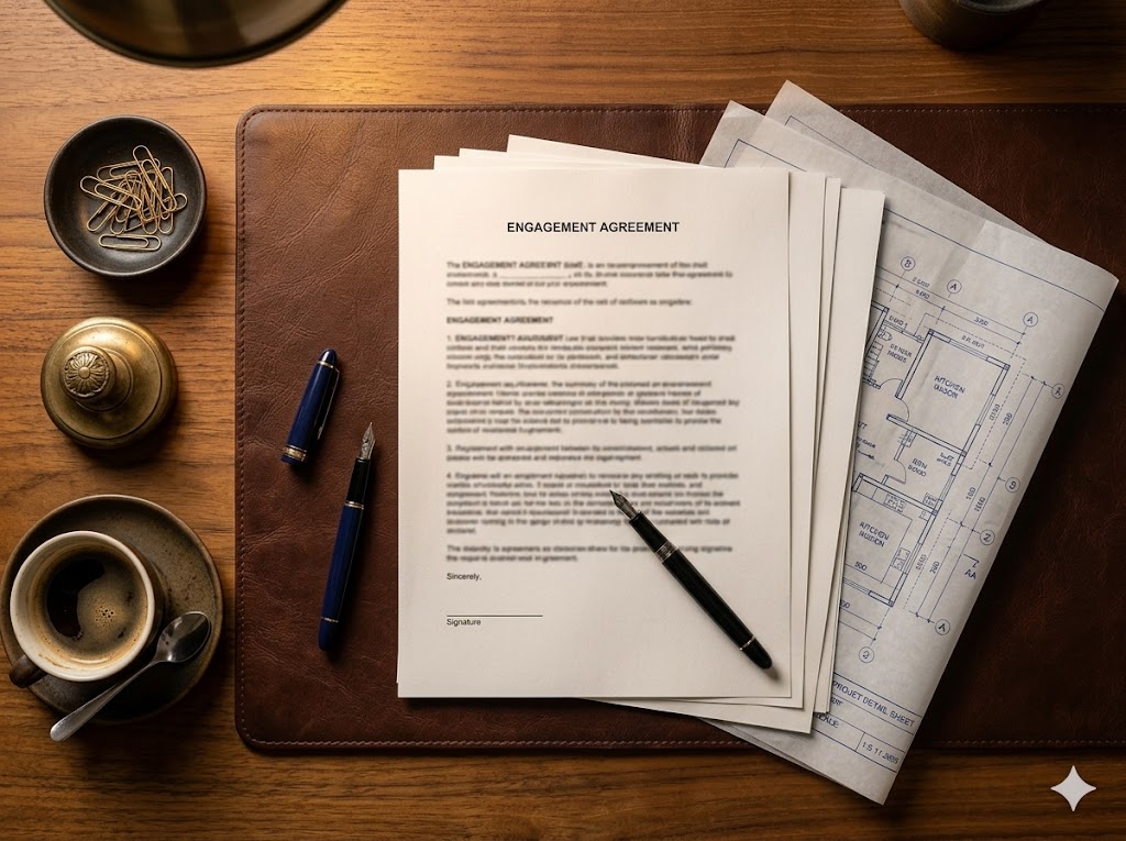 Engagement letter on the desk — fountain pens, leather pad, and a folded drawing