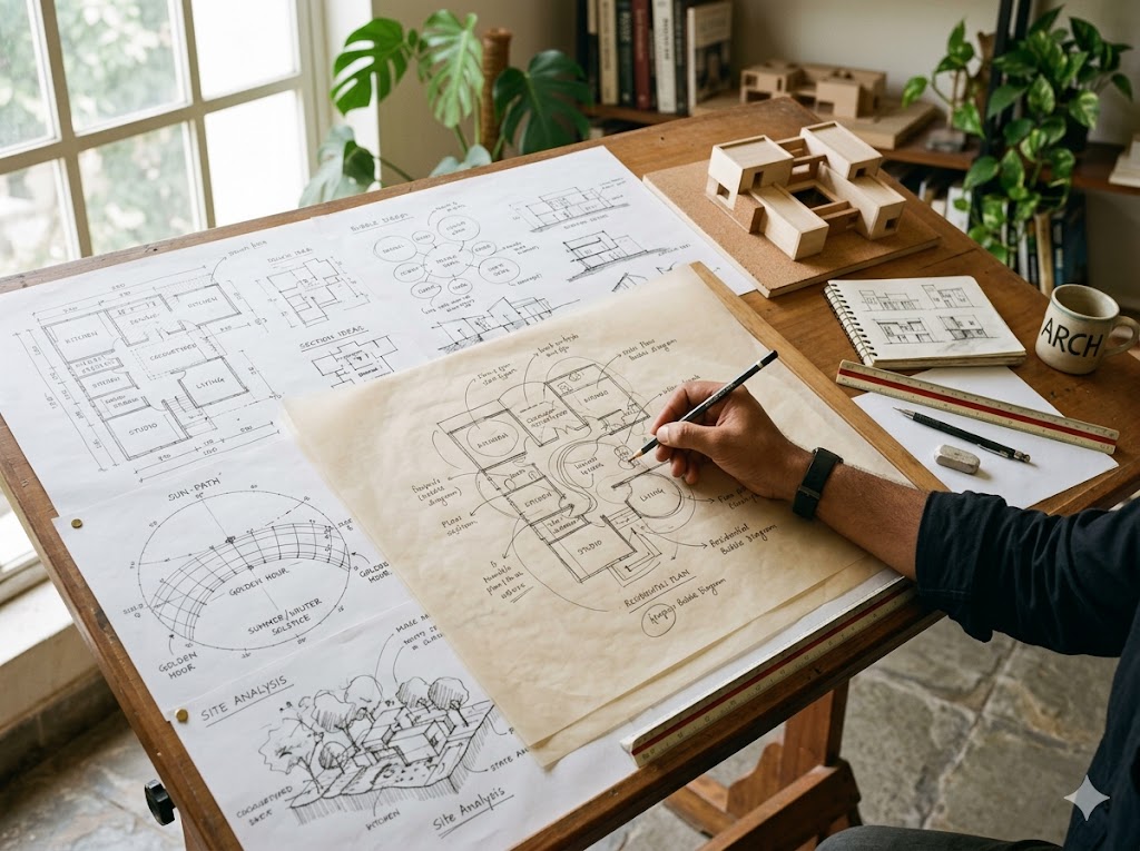 Concept stage — hand sketches, bubble diagrams, and a basswood massing model on a daylit drafting table