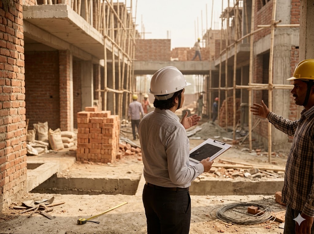 Stage 6 — architect on site supervising construction, brick masonry and RCC slab edge visible