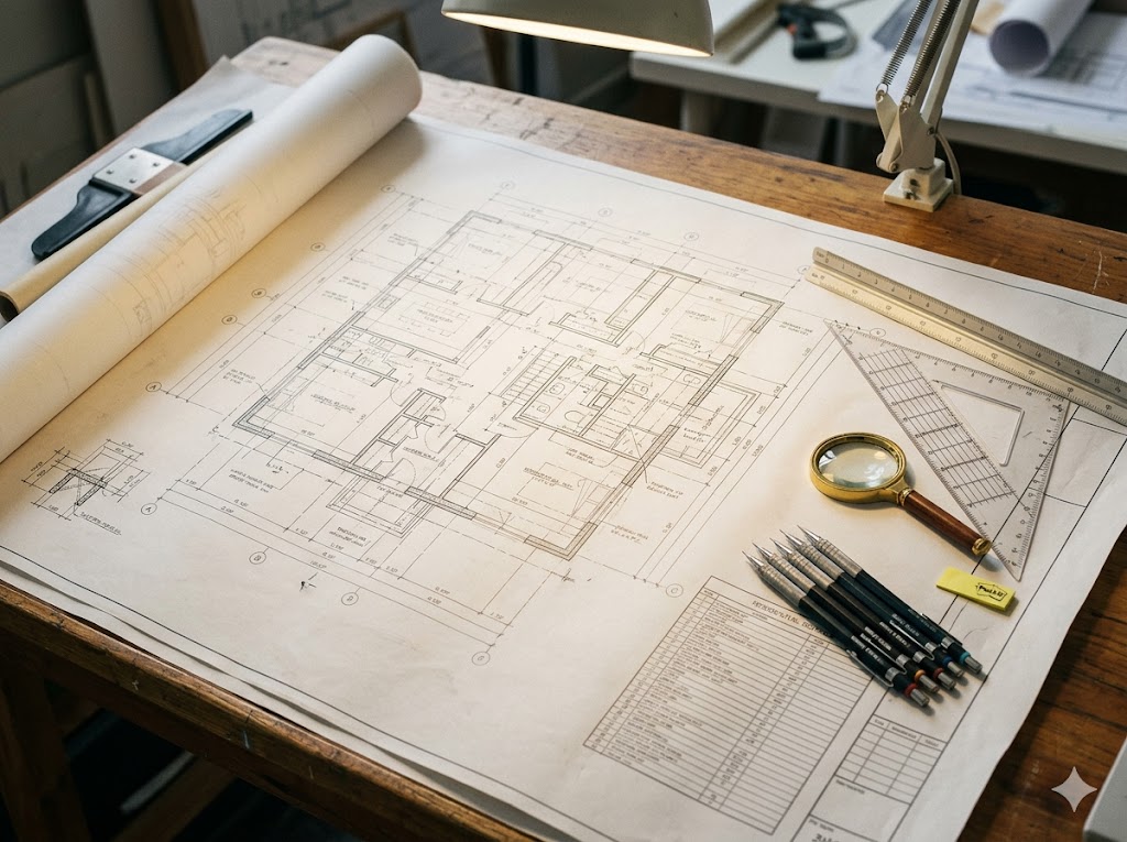 Working drawings stage — large-format dimensioned plan with drafting set-square, scale ruler, and pencil