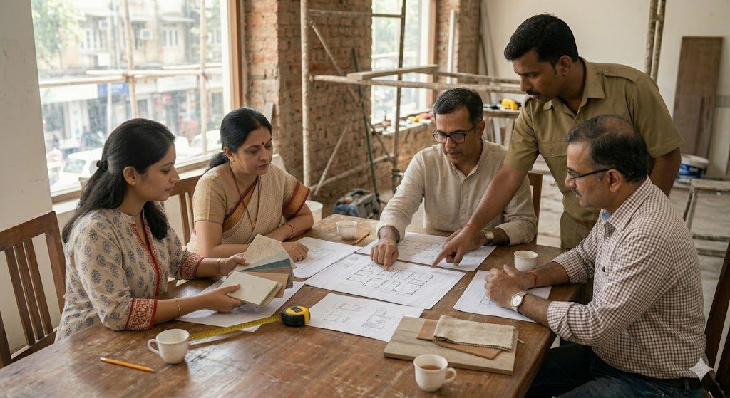 An Indian homeowner couple seated at a table with an architect and an interior designer, drawings and material samples spread out, a contractor standing and pointing at a plan