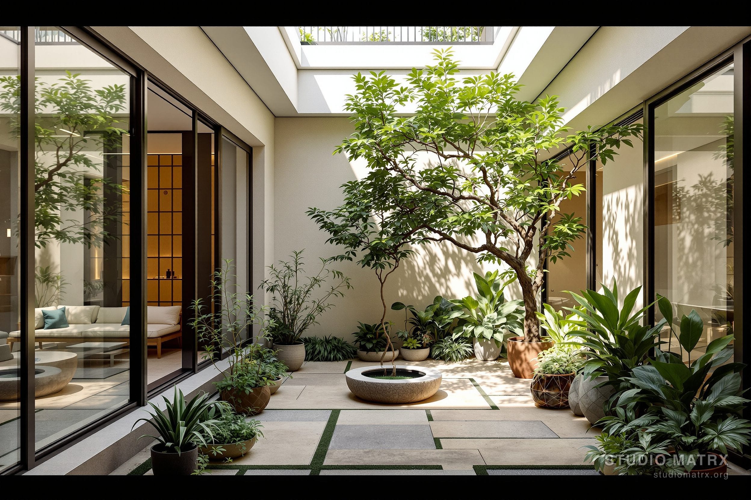An indoor courtyard bringing light and greenery into an Indian home