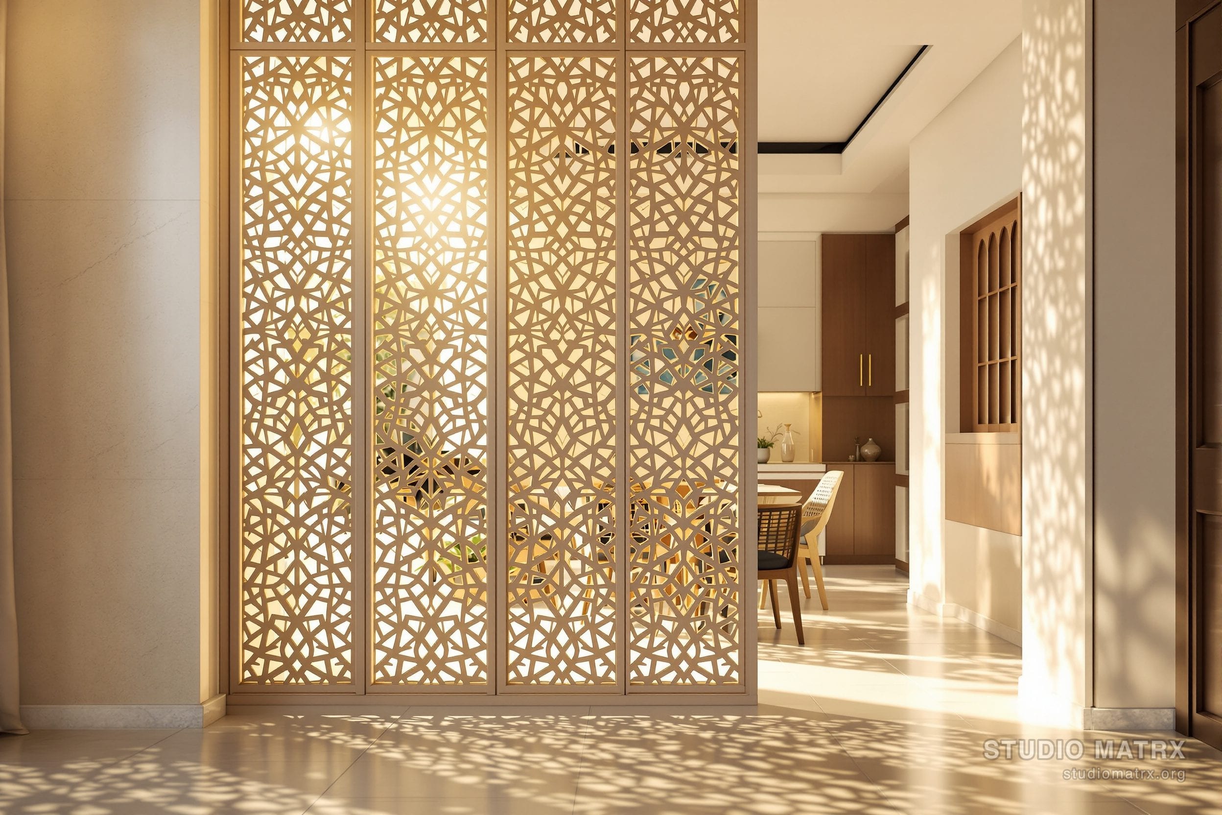 A carved jaali screen used as a room partition in an Indian home