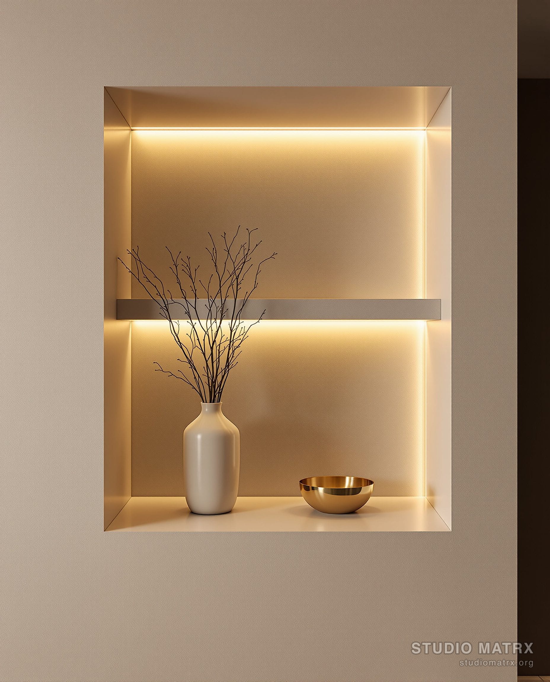 A backlit decorative wall niche styled with objects in an Indian home