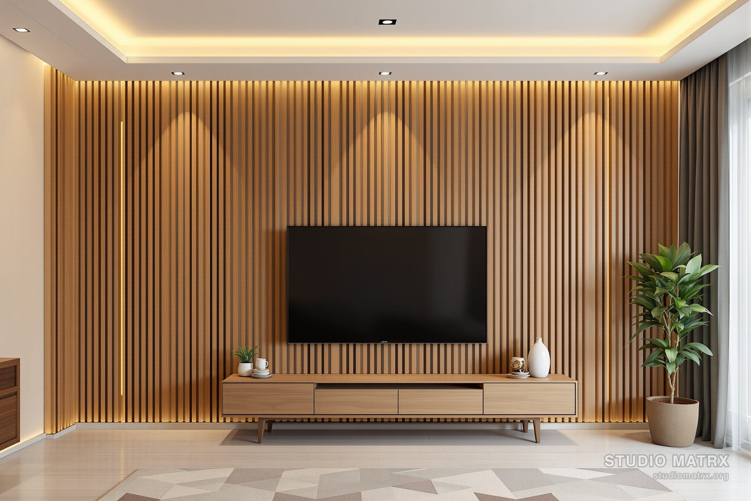 A floor-to-ceiling wooden slat feature wall in an Indian living room