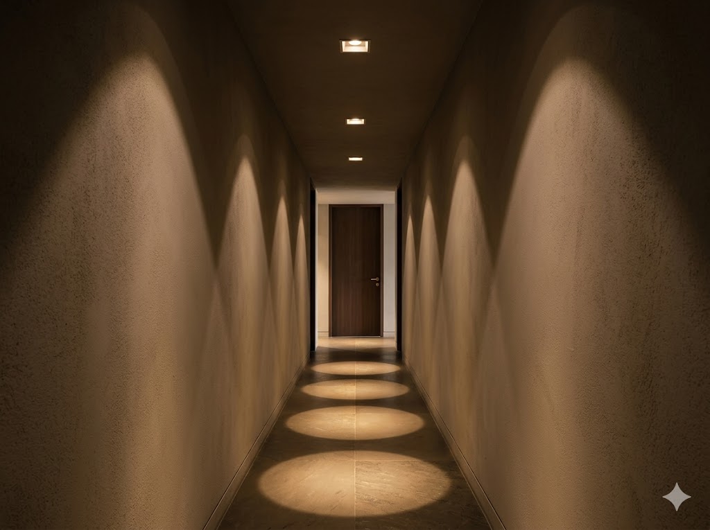 Recessed downlight beam pattern in a dim corridor — visible cones of warm light on the wall and floor