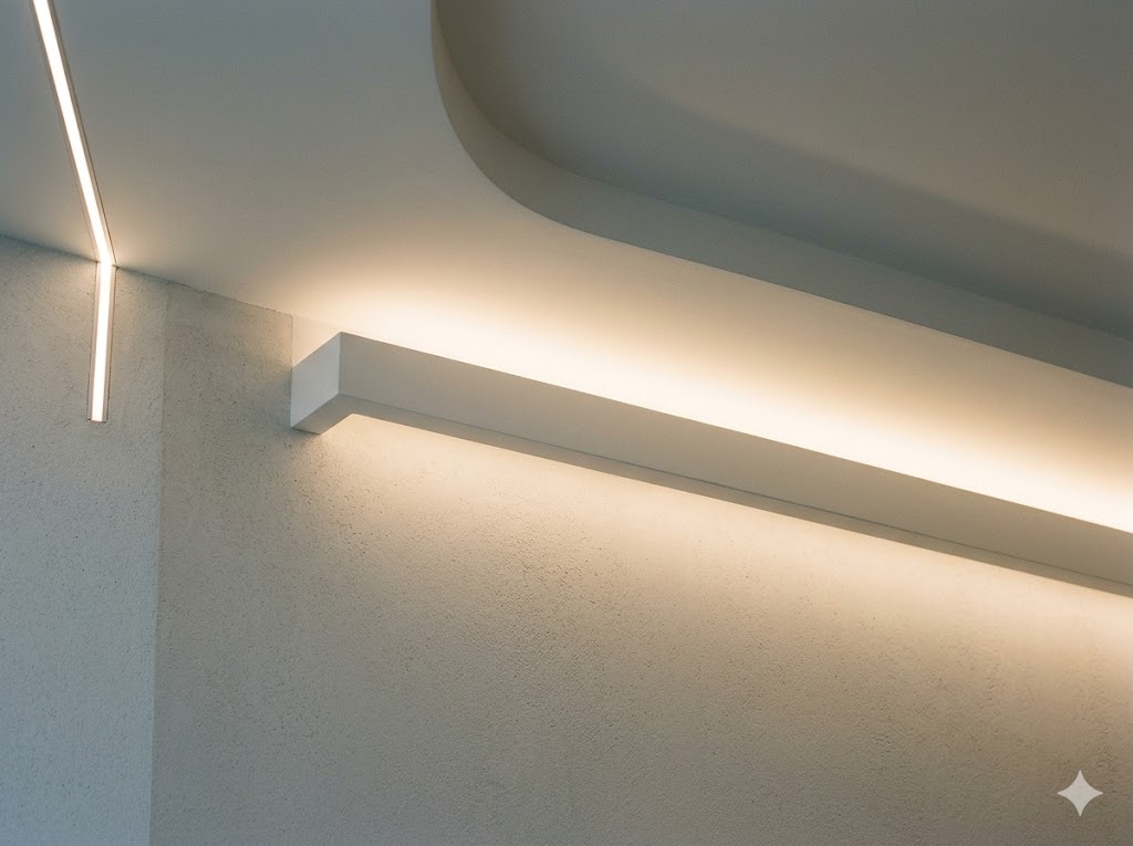 Cove lighting and profile light detailing — clean continuous glow along ceiling perimeter, no visible source