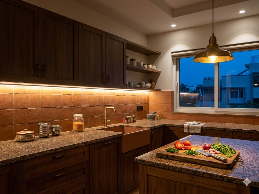 Well-lit Indian kitchen with under-cabinet LED task strip and pendant over island, chopping in progress