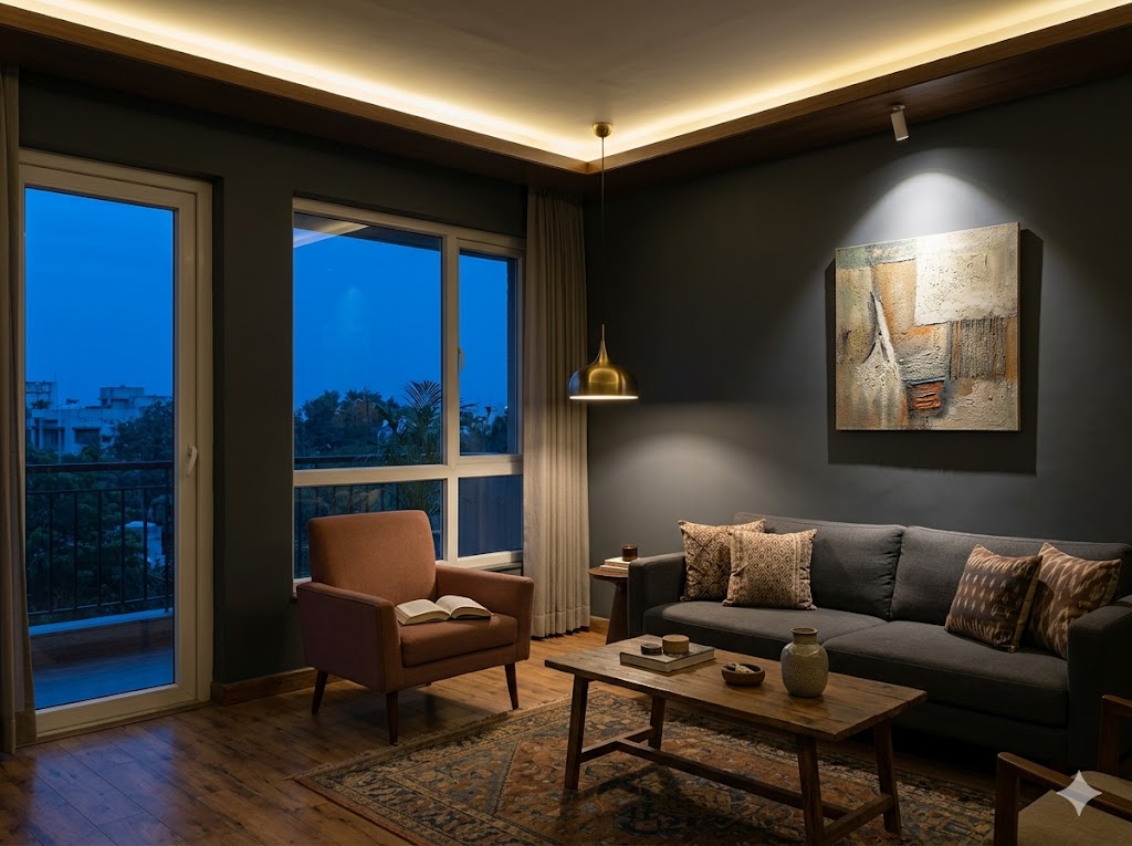 Layered living room lighting — ambient cove glow, task pendant over reading chair, accent spotlights on artwork