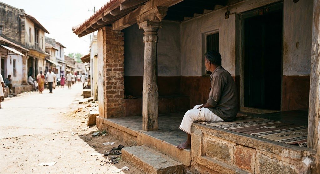 A traditional Indian verandah at the threshold of a home — a shaded transitional seat between the bright street and the cool interior, with a low step, a column, and a seated figure looking outward