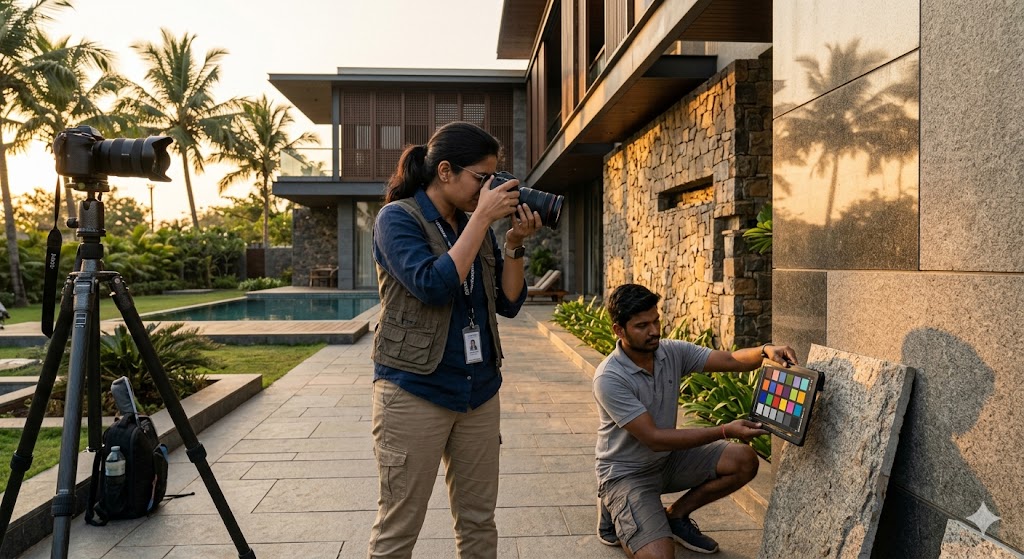 Medium photograph of an Indian archviz artist on location at a contemporary Indian villa, holding a DSLR camera up to her eye photographing the building's facade in golden hour, intending to capture reference imagery for material textures and lighting study, her assistant in the foreground holding a colour-calibration chart next to a granite cladding sample for photo reference, the villa exterior shows interesting material composition granite plus stone plus timber plus steel, the warm late afternoon sun creating long architectural shadows, palm trees in the background, a tripod with a second camera positioned for a wider shot, professional reference-gathering for archviz production