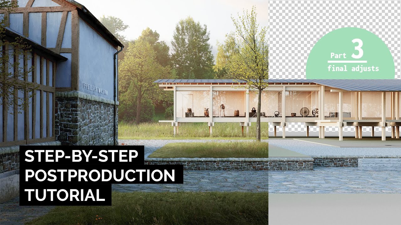 Close-up wide photograph of an Indian archviz artist doing post-production in Adobe Photoshop on a colour-calibrated monitor, the screen showing a partially-post-processed exterior render of a contemporary Indian villa at golden hour, the artist's hand using a Wacom stylus to apply a tone-curve adjustment, multiple Photoshop layers panel visible on the right side showing atmosphere overlay and colour grade and sharpening layers, the original raw render visible in a small thumbnail on the side, the artist in glasses focused on the screen, warm desk lamp lighting, the moment when render becomes presentation-quality