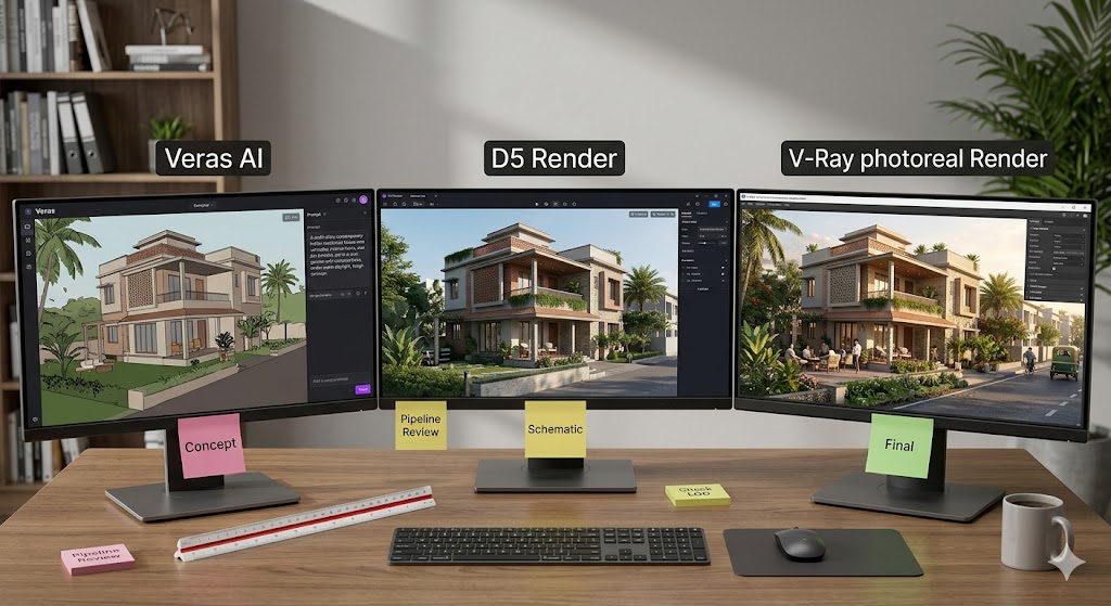 Composite overhead photograph of an architectural visualization workstation showing three monitors side by side displaying the same Indian residential building rendered three different ways for comparison — the left monitor showing a rough AI-generated concept from Veras with prompt visible in side panel, the centre monitor showing a real-time D5 render with the same building in higher fidelity, the right monitor showing a final V-Ray photoreal render of the same view with full materials lighting and post-production, the comparison demonstrating the pipeline stages from concept to final, the desk visible with sticky notes labelling each stage concept, schematic, final, professional viz pipeline documentation