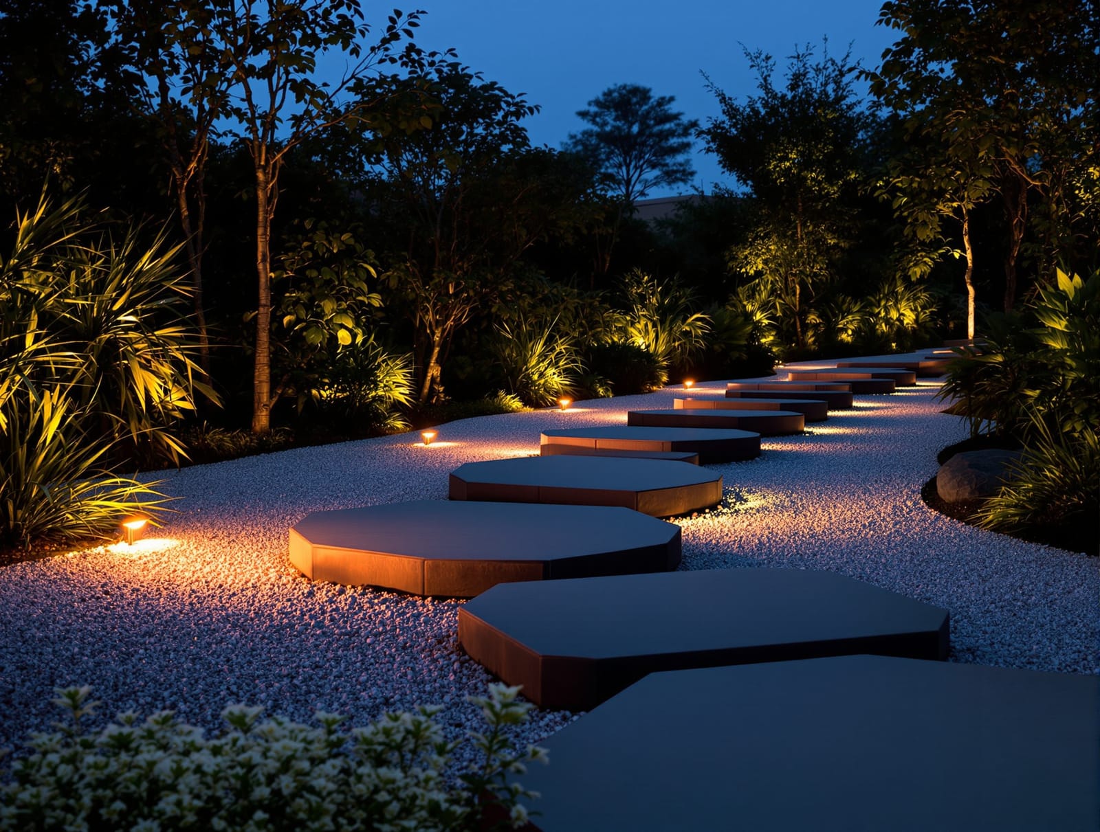Lit stepping-stone path crossing a planted gravel bed at dusk in a contemporary Indian garden