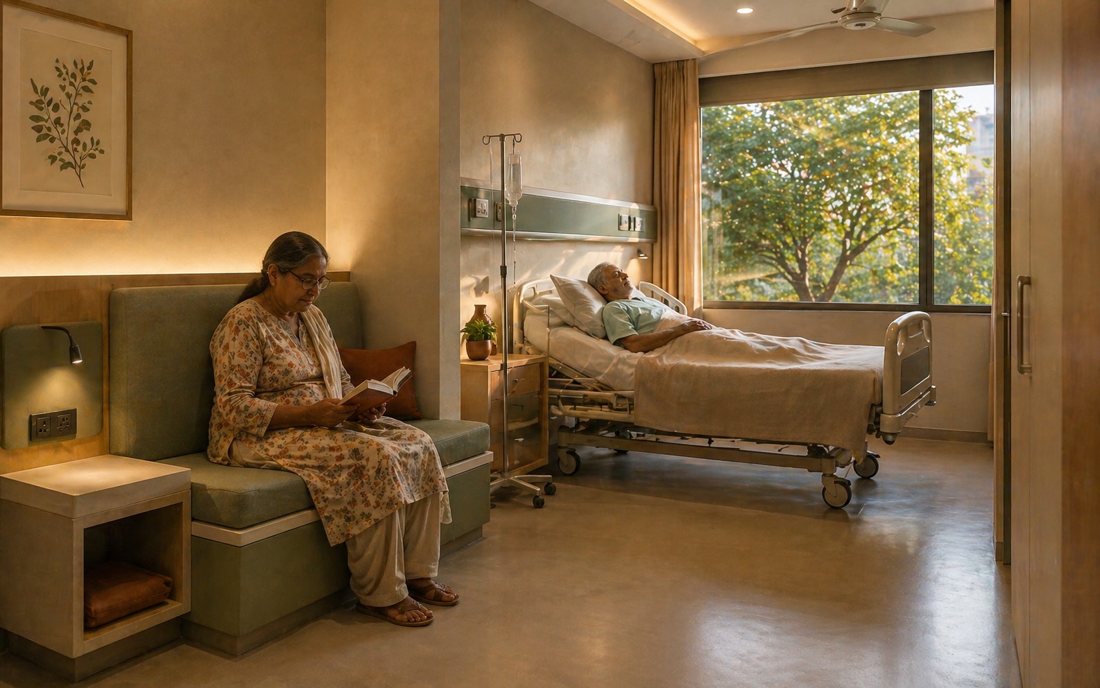 Indian hospital patient room with a clearly defined family-attendant zone — sage-green seat-bed, side-table with charging point, low storage cubby, and unobstructed sight-line to the patient bed across the clinical strip